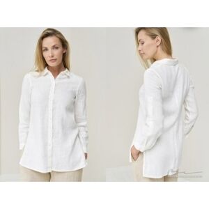 120% Lino Women's Linen Shirt White, with Ruffles and Back Lace-Up Size EU 44/12